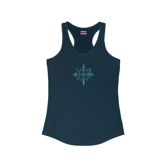 Racerback Tank-Top, Papa-Legba veve, Blue on Midnight Navy Blue